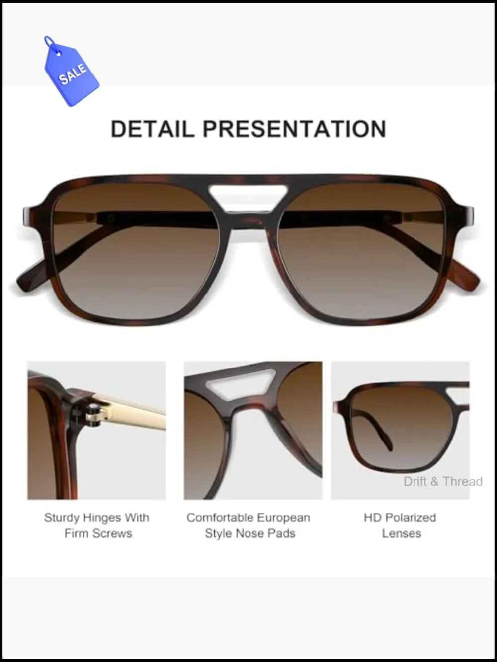 Polarized Retro Aviator Sunglasses for Women Men Rectangle Trendy Shades